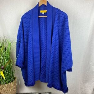 St. John Blue Woven Knit Open Front Fringe Trim Sweater XL